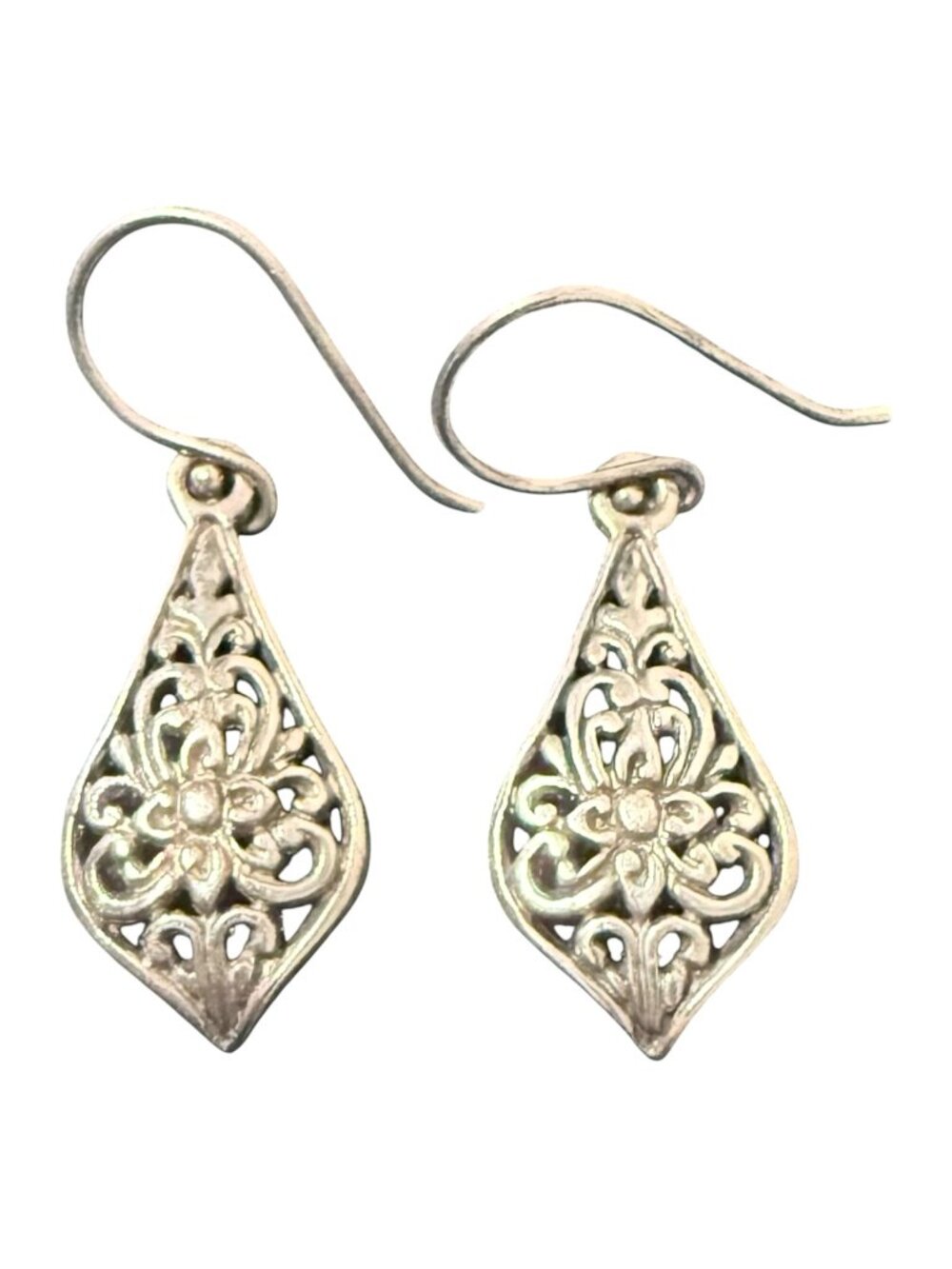 Vintage 925 Sterling Silver Floral Filigree Teardrop Dangle Earrings